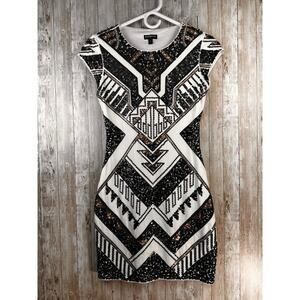 Express Bodycon Dress Womens XS Cream Brass Sequin Cap Sleeve‎ Party Cocktail